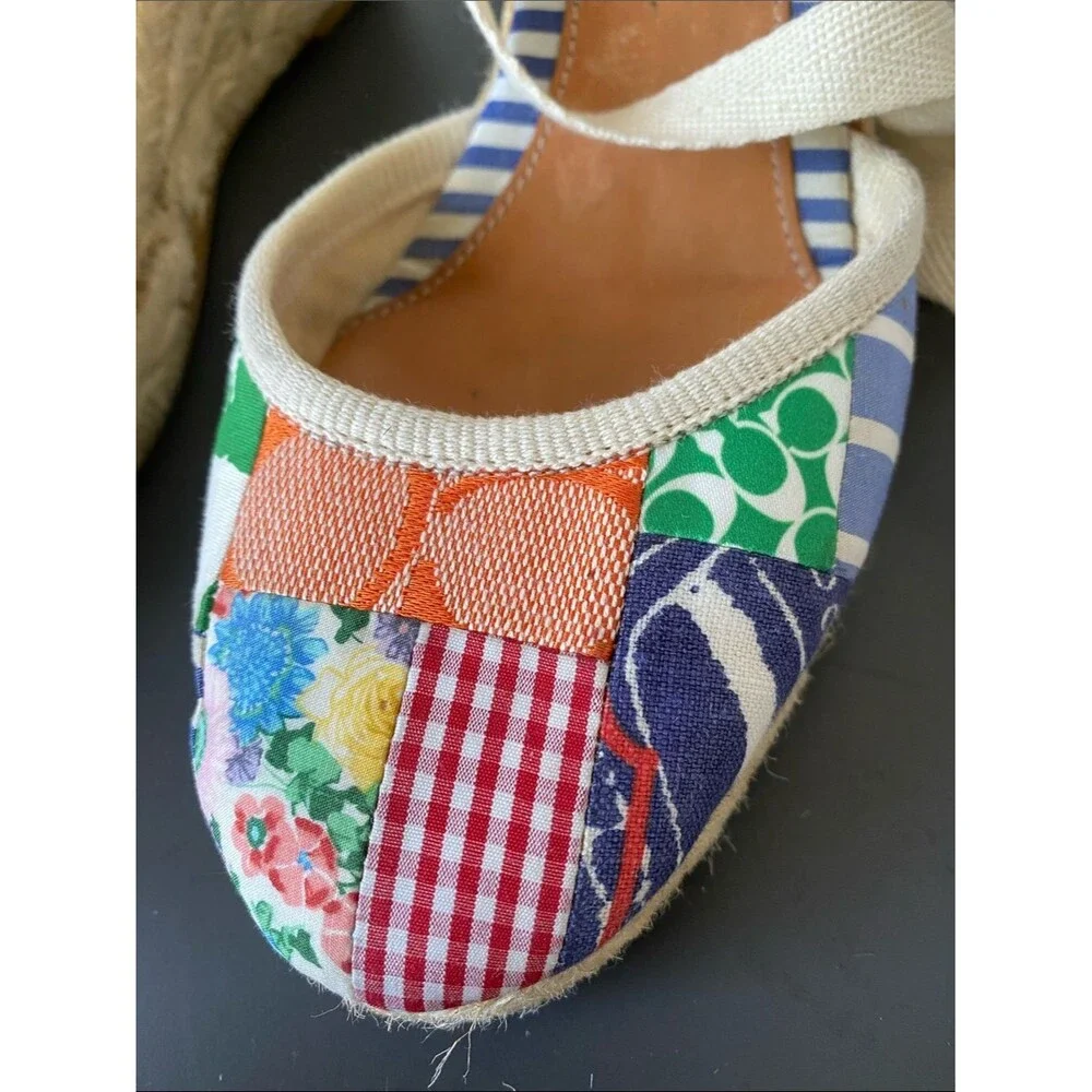 Coach Patchwork Espadrille Wedges Multicolor Sz 7R Logo Floral Coastal Preppy
